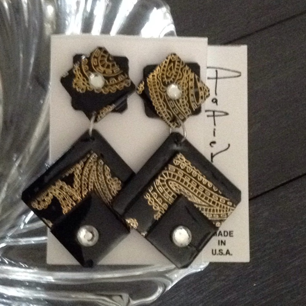 . Paisley Fabric Metallic Black & Gold earrings